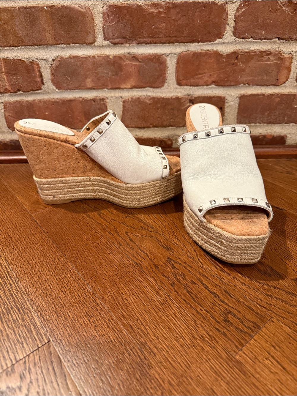 White Studded Espadrille Wedge Slides